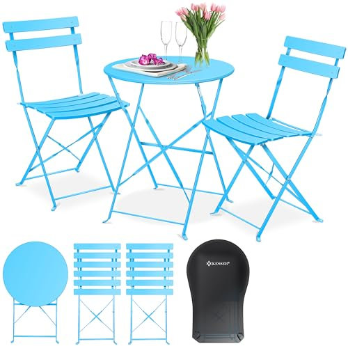KESSER® Bistroset 3-teilig | Bistrotisch 2 klappbare Stühle Balkonset Balkonmöbel Klapp-Möbel Gartenset Sitzgarnitur Gartengarnitur Gartenmöbel Sitzgruppe Metall | Gartentisch mit Abdeckung Hellblau