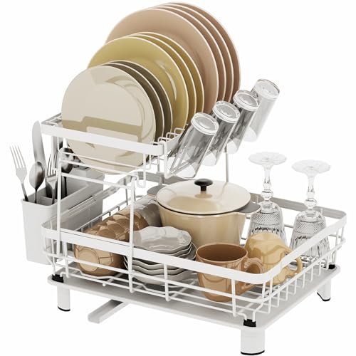 Escurreplatos Acero Inoxidable, Escurridor de Platos para Fregadero, Escurridor Fregadero con Bandeja Recogegotas, Portautensilios y Portavasos, Escurridor Platos para Encimera, Escurreplatos Blanco