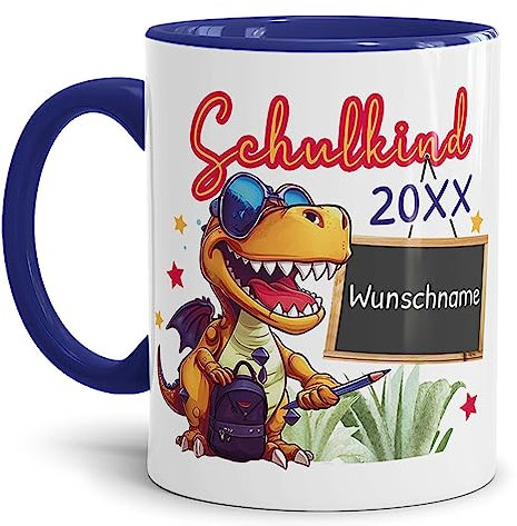 Tassendruck Personalisierbare Tasse zur Einschulung - Schulkind mit Name und Jahr personalisiert - Dino Tasse, personalisierte Geschenke zur Einschulung | 300ml, Innen & Henkel Dunkelblau