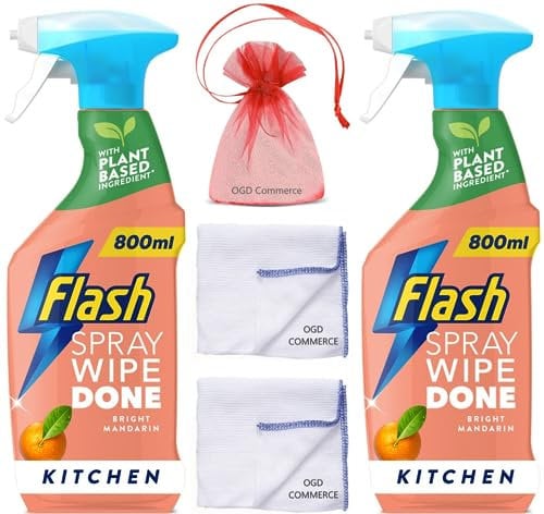 Flash Sparkling Kitchen Wipe&Done Cleaning Spray, 800ml, Cuts Grease & Grime, Bright Mandarin Fragrance, 2 pieces + 2 x Cleaning Cloth + Gift for You: Organza Small Bag