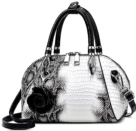 FORRICA Handtasche Damen Krokodilmuster Umhängetasche PU Leder Frauen Schultertaschen mit Blume Anhänger Elegant Henkeltaschen für Verabredungen Bankett Shopper Weiss