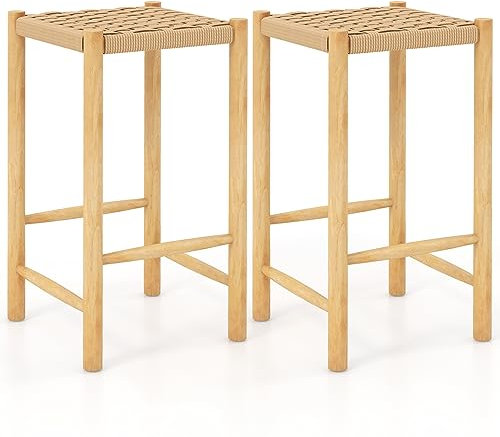 COSTWAY 2er Set Barhocker Holz, Barstuhl Sitzhöhe 45 cm mit Fußstütze, Küchenstuhl aus geflochtenem Papier, Tresenhocker Bistrohocker für Küche, Esszimmer, Hinterhof (36 x 36 x 65 cm)
