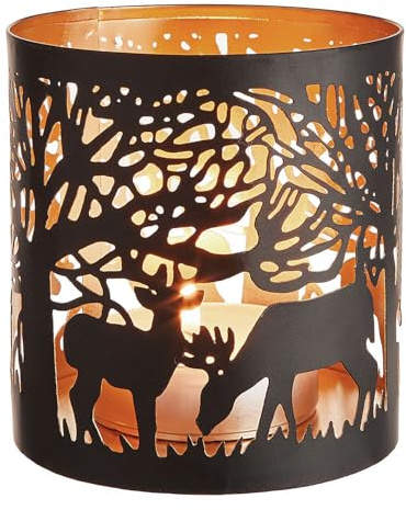 BUTLERS Windlicht Eisen - Luminous - | Farbe Schwarz - ø10 x H10 cm - Wald-Design - Teelichthalter für Kerzen & Teelichter - Stimmungslicht für Beistelltisch