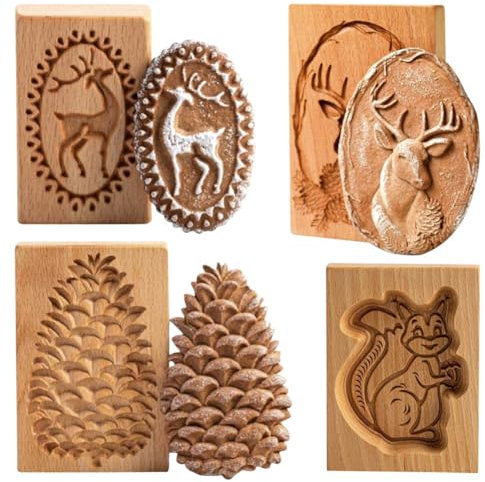 4 Stück hölzerne Keksformen, Kekse, geschnitzte Holzform, DIY, Keksstempel, Ausstechform, lustige 3D-Presse, Prägeform, Blumenmuster, Backwerkzeug, Rentier