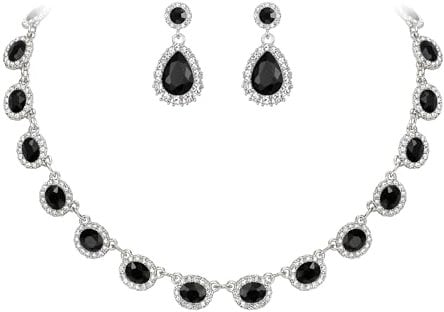 Clearine Prom Costume Jewellery, Oval Crystal Collar Statement Necklace Teardrop Pierced Dangle Earrings Weddding Jewellery Set for Women Bridal Bridesmaids Black Silver-Tone