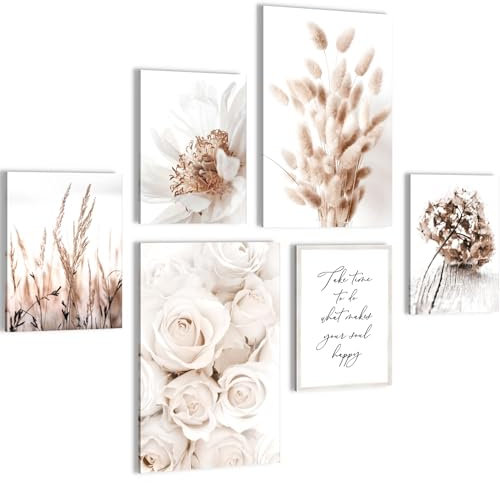 Novart Wandbilder Set Boho Blumen Beige - KEIN EXTRA RAHMEN BENÖTIGT - Modern Deko - Wohnzimmer Schlafzimmer N023267a