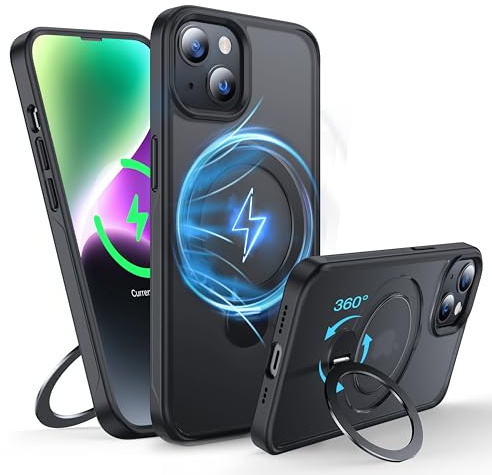 FNDMIL 360°Drehbarer Magnetisch für iPhone 13/14 Hülle mit MagSafe | [Rutschfester Textur][Unsichtbarer Ständer][Militär Schutz] Translucent Matt Hardcase für iPhone 13/14 Case Dünn,Schwarz