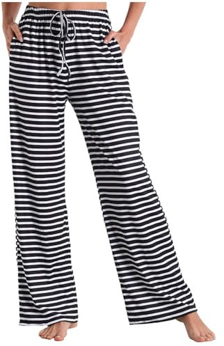 DeaAmyGline Gestreifte Pyjamahose Damen Lang - Schlafhose Damen Baggy Pyjama Hosen mit Taschen und Kordelzug Schwarz Weiss Streifen Weites Bein Loungehose Schlafanzughose Freizeithose Yogahose