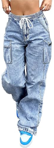 AprPith Mid Rise Cargo Jeans Women Elastic Waist Stretch Wide Leg Denim Pants with Pockets Baggy Streetwear Pants y2k Light Blue