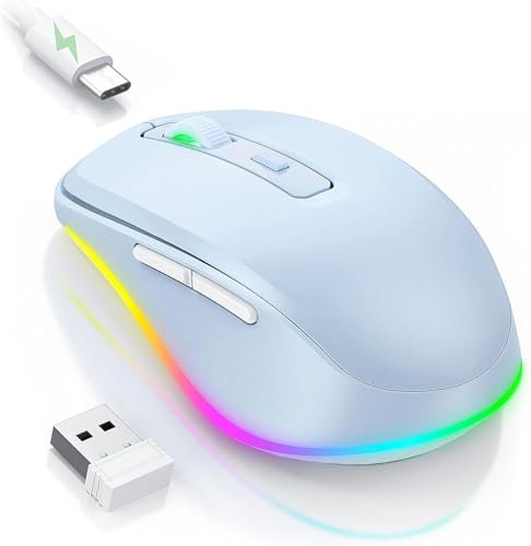 Seenda Wireless Mouse, Rechargeable Light Up LED Mouse for Laptop, 2.4G USB Silent Mice with Built in Jiggler Mover, Undetectable Simulate Mice Movement to Keep Computer Awake, Light Blue