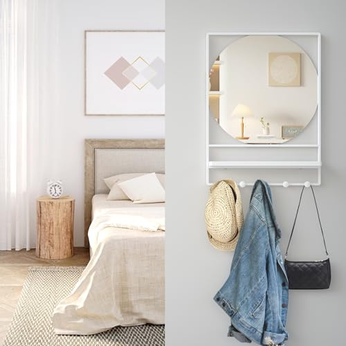 WONSTART Bathroom Mirrors for Over Sink, Wall Mirror with Shelf, Entryway Mirror with Hooks, Decorative Mirrors with Rectangular Frame for Bedroom, Hallway, Living Room (White, 21 x 28)