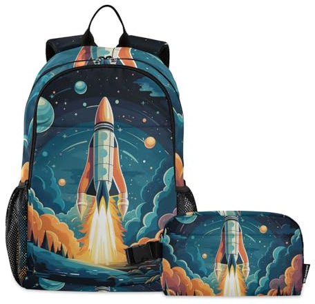 KAAVIYO Weltraumraketen, Planeten, Sterne Schulter Rucksacks Bookbag Kinderrucksack Isolierte Lunchbox-Tasche Mittagessen Tasche für Reise Kinder