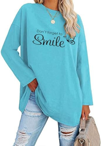 Teesho Damen Tshirt Langarm Oversized Oberteile Baumwolle Shirts Casual Lose Langarmshirt Tops Tunika (Lakeblau/L)