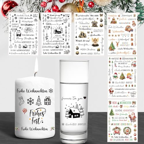 ROEOWENE 6 PCS Kerzentattoos Weihnachten,Wasserschiebefolie Kerzen Tattoos,Rub on Sticker Kerzenfolie DIY Kerzensticker für Keramik, Kerzenaufkleber für Kerzen Dekorieren Kerzentatoos,Schwarz + Braun
