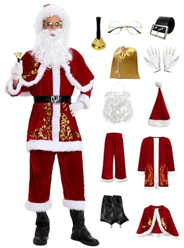 Feynman Weihnachtsmann Kostüm Herren, 11-teilig Santa Claus Kostüm Weihnachtsfeier Cosplay für Erwachsene, Santa Claus Costume Nikolaus Kostüm für Erwachsene