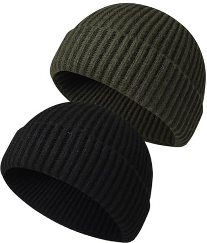 Beanie Hat Men - Fisherman Beanie Trawler Beanie Knitted Cuffed Winter Warm Hat Skullcap Gifts for Men UK (UK, Alpha, One Size, Black+Army Green)