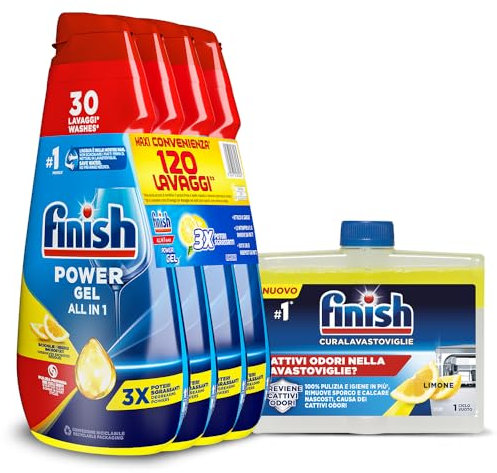 Finish Kit Lavastoviglie; Finish Powergel Detersivo Lavastoviglie Lemon 120 Lavaggi, Curalavastoviglie Limone 250ml