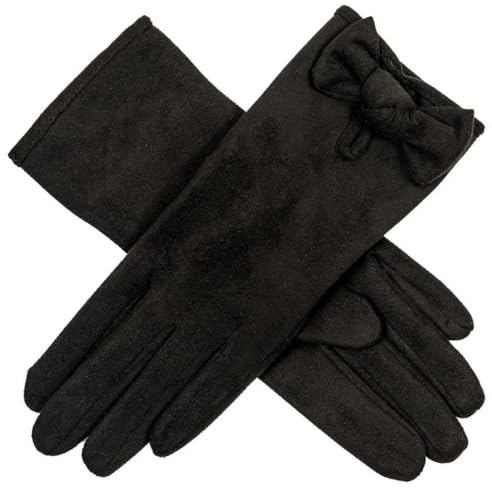 Dents Womens Velour Lined Faux Suede Bow Gloves - Black/Black
