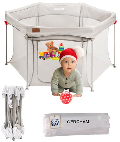 YOBWOK Laufstall Faltbar, Laufgitter für Baby & Kleinkind, Tragbar, Sechseckig, Atmungsaktives Mesh-Netz, Bällebad, Laufgitterzelt 135x135cm,Beige