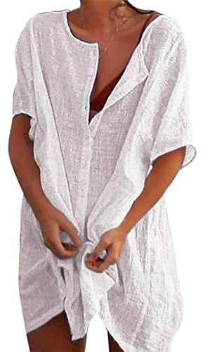 Svanco Women Beach Cover Up Cotton Swimsuit Coverup Long Beachwear Beach Dress with Buttons Shirt Dresses Bikinis Sarong Loose Blouse Oversized for Lady White