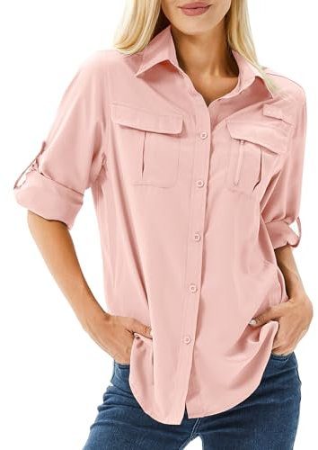 Women's UPF 50 Shirts Long Sleeve Sun Protection UV Quick Dry Casual Outdoor Safari Walking Fishing Hiking Travel Shirts(Pink-m)