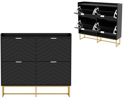 UEV Schuhschrank schmal mit 4 Klappen, Schuhkommode Flur Wohnzimmer Eingang, Schuhaufbewahrung mit Kippschutz, Schuhkipper, 100x24,2x91cm, Trennwände verstellbar für Verschiedene Schuhtypen schwarz