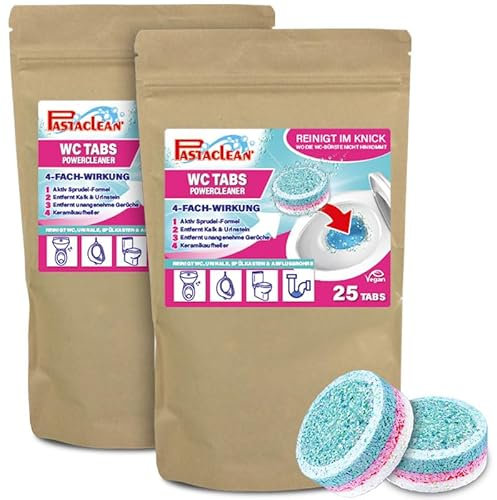 50x Pastaclean WC-Reiniger Tabs - Extra starker Toilettenreiniger für Toiletten, Spülkasten & Urinale – 4-Fach-Wirkung - Mit Aktiv Sprudel-Formel, entfernt Kalk, Ablagerungen, Urinstein & Gerüche