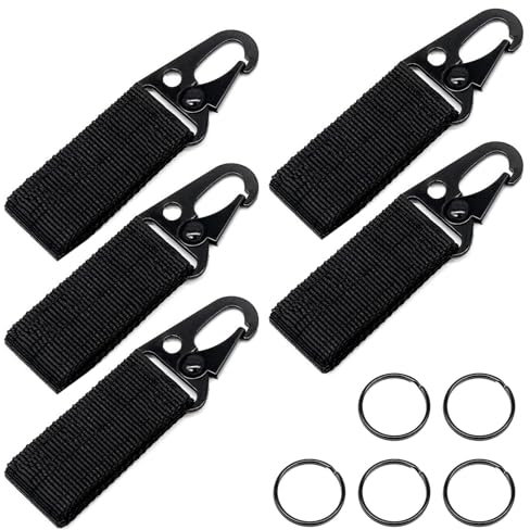 5 Pack Tactical Gear Carabiner Clip Hanging Belt Carabiner Hook Nylon Webbing Buckle Strap Clip Molle Backpack Tape Keychains Hanging Buckle Belt Key Ring Holder for Outdoor Camping Hiking