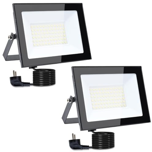 MOLVCE Led Strahler Außen 50W 3000K Warmweiß 2 Stück, Aluminium Superhell 4250LM LED Scheinwerfer mit Stecker und 3 Meter Kabel, IP66 Wasserdicht Außenstrahler für Garten, Parkplatz, Garage