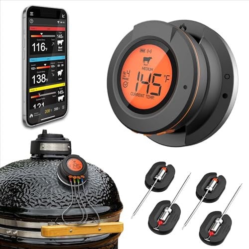 ToGrill Grill Fleischthermometer - Grillthermometer für Smoker und Grills, Kabellos Bratenthermometer, Kerntemperaturmesser Steak Digital, Smart Einstechthermometer, Bluetooth, 4 Sonden, mit App