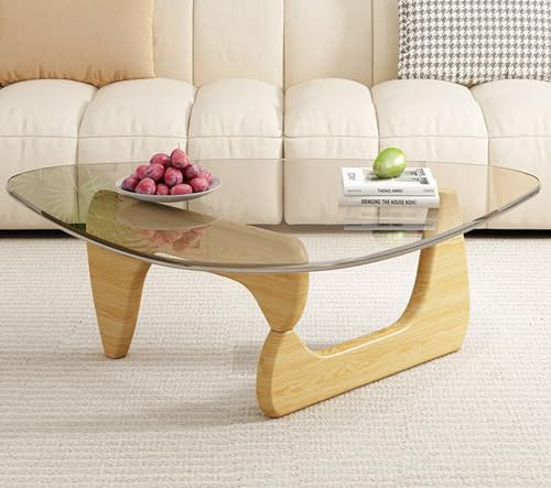 Moderner dreieckiger Couchtisch mit Tischplatte aus gehärtetem Glas und Holzbeinen für Wohnzimmerdekoration