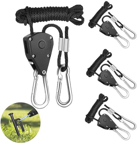 KEELYY 4 Stück Ratchet Hanger Seilratsche mit Haken Verstellbarer Seilaufhänger Seilzugratsche Einstellbare Seil Ratsche Grow Lampe Aufhänger Rope Ratchet 2M,1/8 Zoll für Pflanzenventilator Zimmerpfla