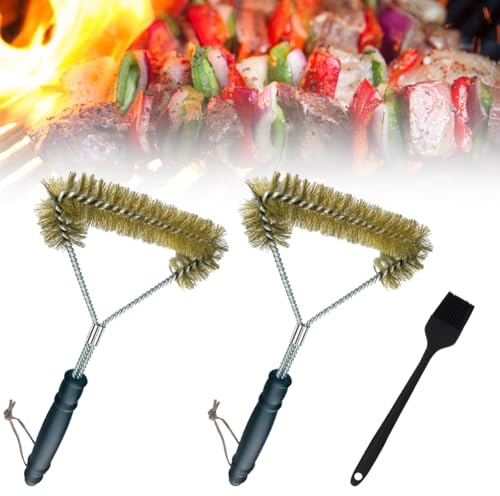 2 Stücke Grillreiniger Bürste, 12 zoll/30.5 cm Grillbürste Mit Messingborsten aus Edelstahl,Grill Reinigungsbürste mit Dreieckig 360° Reinigung, Grill-Zubehör für Grillrost,Gasgrill, Holzkohlegrill