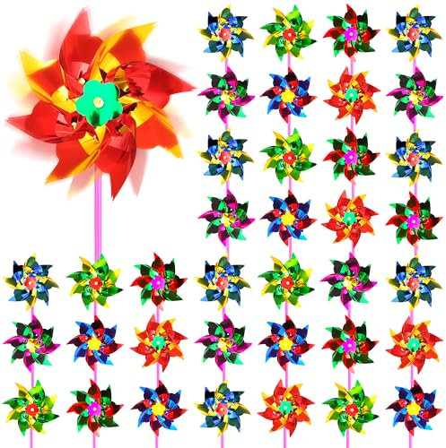 Vivantia 36 Pcs Holographic Rainbow Wind Spinners DIY Pinwheel Windmill for Garden Yard, Family Garden Toy Outdoor Party Pinwheels Decorations, Multi-color