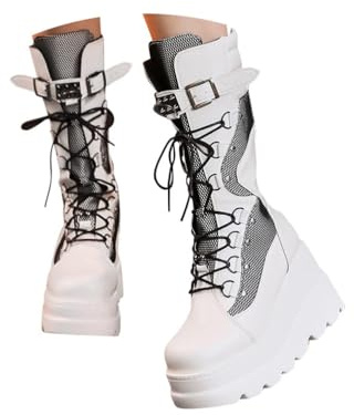 Minetom Damen Winter Gothic Punk Plateau Stiefel Goth Schnalle Zipper Wedges Mid Schuhe Plattform Biker Boots Chunky Motorrad Stiefel