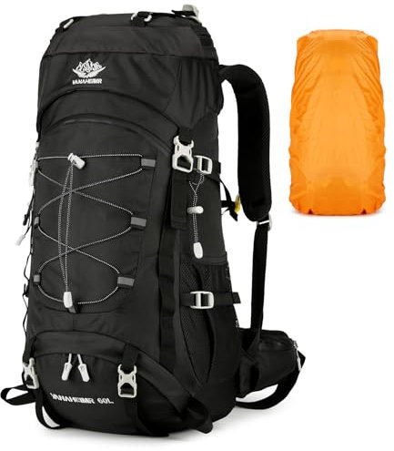 BAGROUPS 60L Wanderrucksack Herren Damen Wasserdichter Outdoor Reiserucksack Ultra Leicht Trekkingrucksack Große Rucksäcke für Camping, Reisen, Skifahren, Urlaub,Sport Schwarz