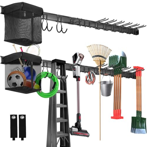 Sinoer Garage Tool Management Wall Rack, Metall-Gartengerätehalter,Garage Wall Management Storage Rack, Aufhänger für Skiausrüstung, Gartengeräte, Besen, Mopps, Rechen, 80 Zoll 12 Haken 1 Stoffkorb