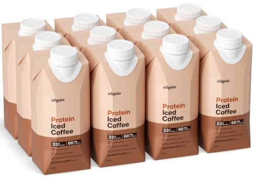 Vilgain Protein Iced Coffee (12x330 ml) Karamell – Fitness Proteinkaffee | Robusta Kaffee mit Karamell, 33g Protein, laktosearm, mit Stevia gesüßt & ohne Konservierungsstoffe. Idealer Fitness Drink