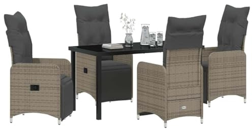 vidaXL Garten Essgruppe mit Kissen 5 pcs Grau Poly Rattan, Garten und Terrasse, modernes Liegesystem, strapazierfähige Essgruppe, Lounge für draußen, Rattanmöbel, vielseitig einstellbare Sӧ