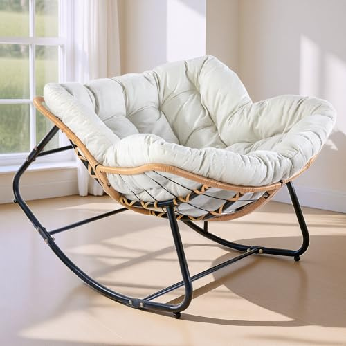 Nordswal Chaise à bascule pour extérieur/intérieur, chaise œuf surdimensionnée en osier avec coussin, supporte 204 kg, chaises à bascule confortables en rotin pour salon, terrasse, jardin