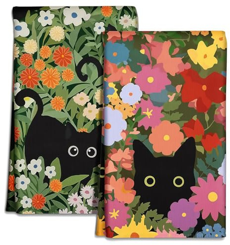 AstraGlam Mikrofasertücher Küchenhandtücher – 2 Stück Geschirrtücher 45 x 66 cm, Frühling Handtücher mit Katzen und Blumenmotiv, Weich & Saugfähig, Ästhetisches Design, Küchenzubehör und Deko
