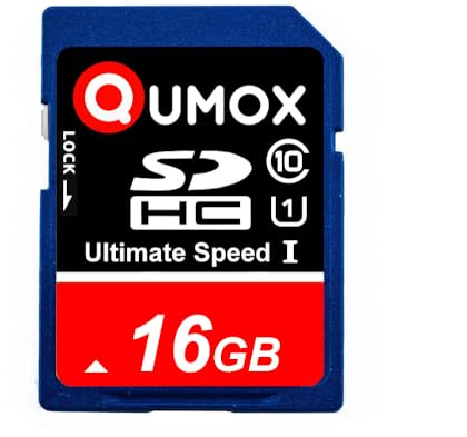 QUMOX Carte Mémoire SDHC 16 Go UHS-I Classe 10 – Jusqu’à 40 Mo/s Lecture, 15 Mo/s Écriture – Carte SD Fiable pour Appareils Photo Reflex, Vidéo, Jeux, Dashcam et Enregistrement Full HD