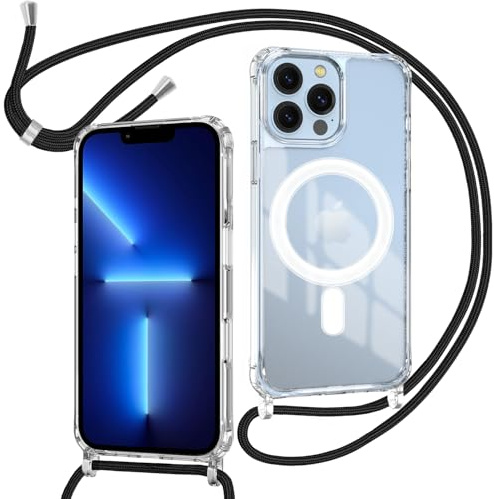 ZYIMOU für iPhone 13 Pro Hülle mit Band Kompatibel mit MagSafe, Transparent Magnetische Handyhülle mit Kordel zum Umhängen Handyband Stossfest Schutzhülle，Kette Schwarz