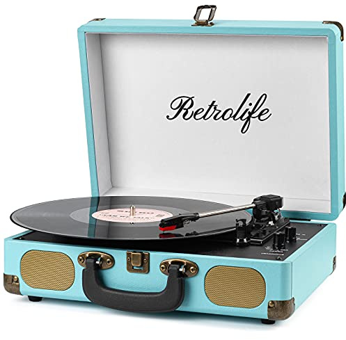 Retrolife Tocadiscos de Vinilo Portátil 3 Velocidades Maleta, Azul Clásico | Bluetooth Tocadiscos, Correa, 33/45/78 RPM, Altavoces Incorporados, Salida de línea RCA, Entrada AUX, Toma de Auriculares