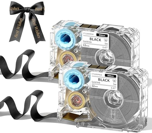 Phomemo A30 P15 Exklusive schwarze Satin-Bänder mit goldener Schrift Ideal zum Geschenkeinpacken, Hochzeitssträuße, DIY-Basteln und Valentinstagsdekorationen Breite: 12 mm × 5 m, 2 Rollen