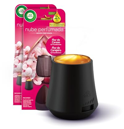 Air Wick Essential Mist - ambientador difusor aparato y 2 recambios con aroma a Flor de Cerezo, 2 veces más de aceites esenciales