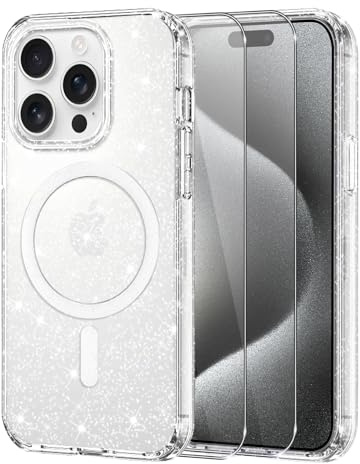 Knrlqim Cover per iPhone 15 Pro Max Compatibile con MagSafe, Brillantini | Custodia Magnetica Trasparente TPU, 2x Vetro Temperato, Antiurto Antigraffio, Glitzer Case per iPhone 15 Pro Max, Anti-Giallo