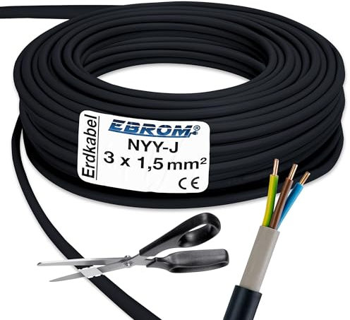 NYY-J Underground Cable with 3 Strands of 1.5 mm² Sold by the Metre for Strong Current Circuit, Black PVC Earth Line, Cut in 1m Steps, Example: 20m, 25m, 35m, 50m, etc