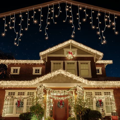 ANSIO® Outdoor Christmas Lights 1000 LED 35m/112ft Icicle Lights Outdoor & Indoor Warm White Decorations String Fairy Outside Lights with Timer for Xmas Garden & Party | Mains Powered Clear Cable
