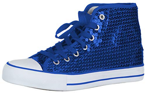 Brandsseller Damen Sneaker mit Pailletten und Glitzer - halbhoch mit Schnürsenkeln modisch bequem für Alltag & Party – Blau
